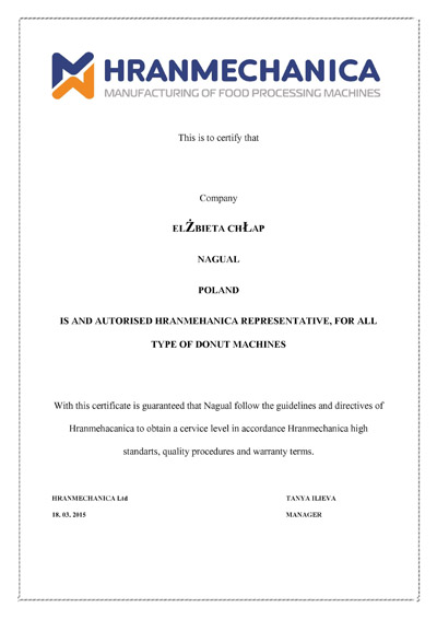 Certyfikat na sprzedaż maszyn do mini donuts